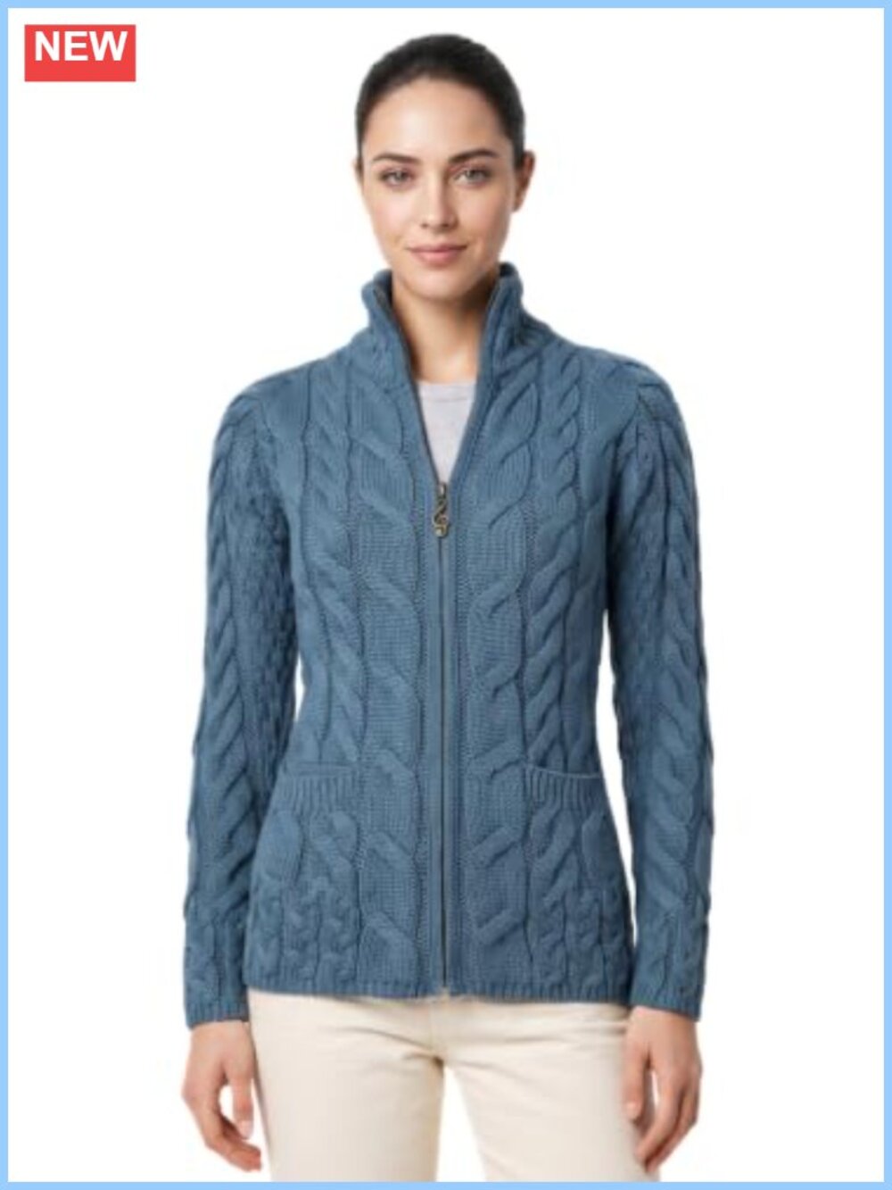 Merino Wool Zip Up Aran Cardigan Mock Neck Cable Knit Sweater